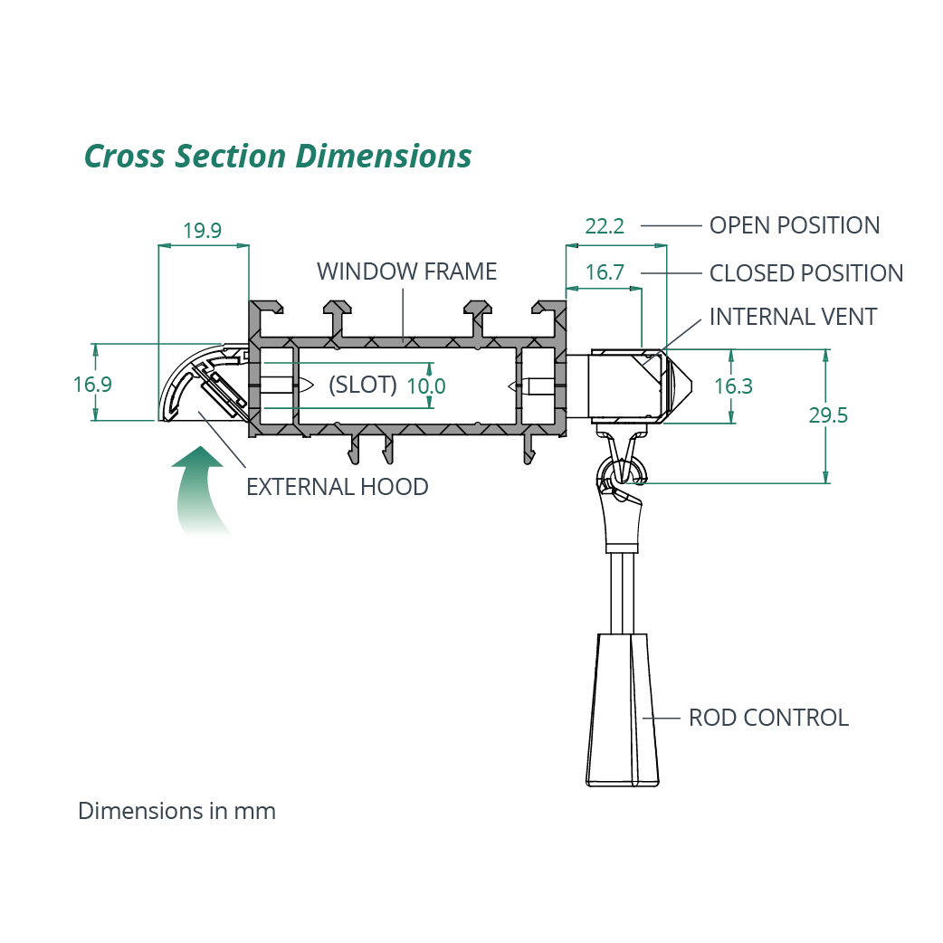 airvent SM 1000+ surface mounted trickle vent cross section dimensions